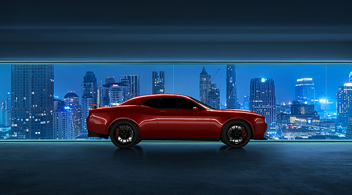 Side profile view of a generic red brandless American muscle car park in garage with night city view . Transportation concept .3d rendering