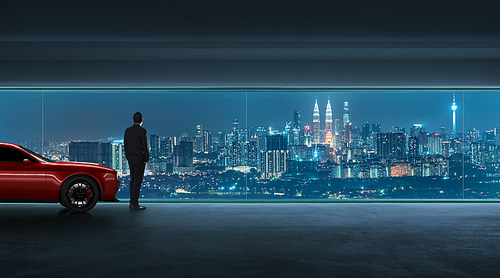 Successful businessman looking the city from his garage with luxury car, night scene  .