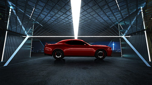 Side angle view of a generic red brandless American muscle car park at a modern garage . Transportation concept .3d illustration and 3d render.