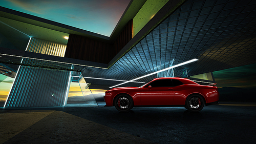 Side angle view of a generic red brandless American muscle car park at a modern garage . Transportation concept .3d illustration and 3d render.