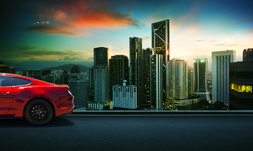 Sport car parked on road side with early morning cityscape background .