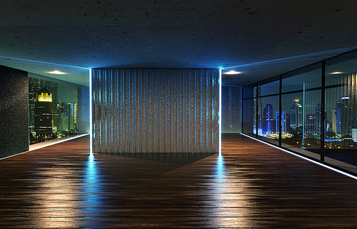 Perspective view of empty wood floor and cement ceiling interior with city skyline view . 3D rendering and real images mixed media .