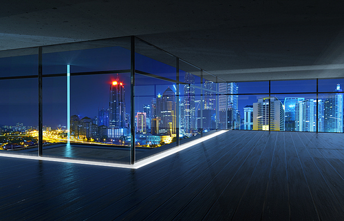 Perspective view of empty wood floor and cement ceiling interior with city skyline view . Mixed media .