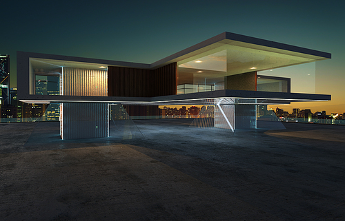 Perspective view of contemporary building exterior with steel,cement and glass facade loft style design . 3D rendering and real images mixed media .