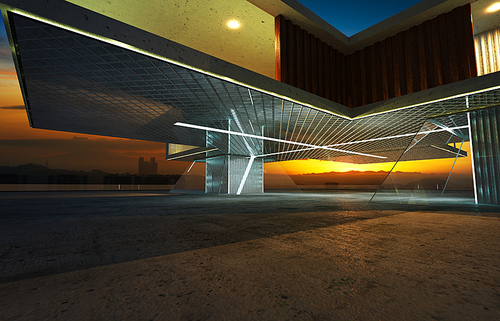 Closeup and perspective view of empty cement floor with steel and glass modern building exterior . 3D rendering and real images mixed media .
