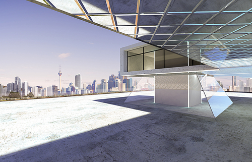 Closeup and perspective view of empty cement floor with modern steel and glass building exterior . 3D rendering and real images mixed media .