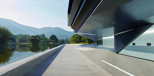 Panorama view of steel and glass modern building exterior.  Morning scene. Photorealistic 3D rendering.