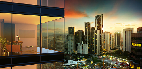 Panoramic view of beautiful sunrise cityscape with modern 3d rendering office exterior of skyscraper.