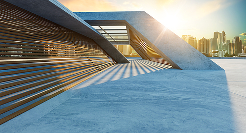 Perspective view of empty concrete floor and wooden wall building exterior with sunrise cityscape scene. Mixed media