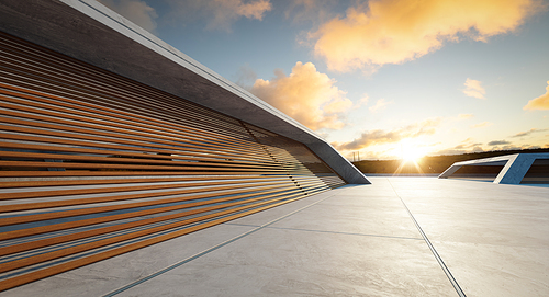 Perspective view of empty concrete floor and wooden wall building exterior. Sunset scene. Mixed media with 3d rendering