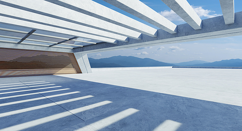 Perspective view of empty concrete floor and wooden wall parking area. Daytime scene. Mixed media with 3d rendering