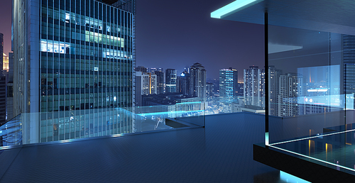 Modern glass balcony with Kuala Lumpur city skyline , night scene .Mixed media .