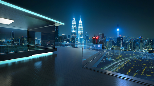 3D rendering of a modern glass balcony with kuala lumpur city skyline real photography background, night scene .Mixed media .