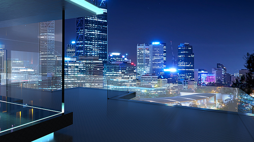 3D rendering of a modern glass balcony with city skyline real photography background, night scene .Mixed media .