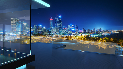 3D rendering of a modern glass balcony with kuala lumpur city skyline real photography background, night scene .Mixed media .