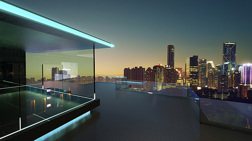3D rendering of a modern glass balcony with  city skyline real photography background, night scene .Mixed media .