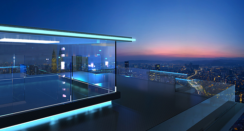 3D rendering of a modern glass balcony with city skyline real photography background , early morning scene . Mixed media .