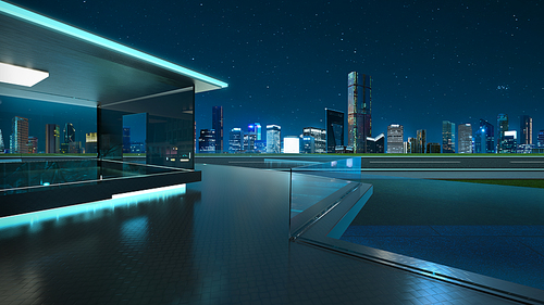 3D rendering of a modern glass balcony with city skyline real photography background, night scene .Mixed media .