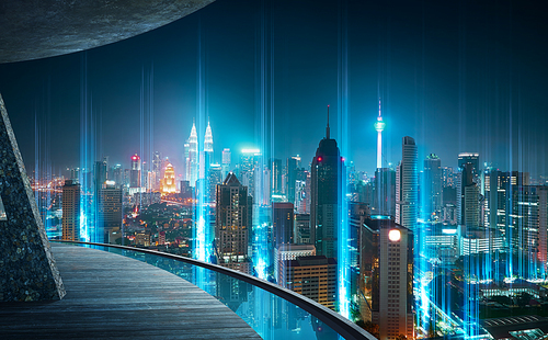 View from open space balcony, The network light came out from the ground ,modern city with wireless network connection concept.