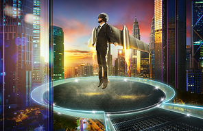 Businessman wear a rocket suit to lift , round stage floating with city skyline background , Business start up success concept .