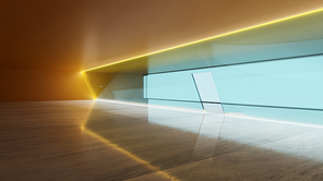 Modern interior view of orange led lighting luminaries loop glass wall facade with panoramic windows. 3d rendering.