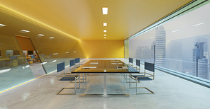 Orange wall, cement floor and glass facade lighting design modern conference meeting room with furniture, laptops, panoramic windows and city view . 3d rendering and mixed media .
