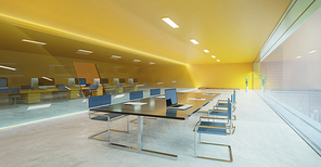 Orange wall, cement floor and glass facade lighting design modern conference meeting room with furniture, laptops, panoramic windows and city view . 3d rendering and mixed media .