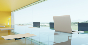 Close up of laptop, notebook ,paper sheet on glass conference table. Selected focusing. 3D Rendering.