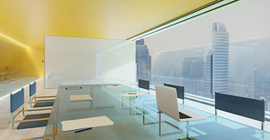 Orange wall, cement floor and glass facade lighting design modern conference meeting room with empty whiteboard and city view . 3d rendering and mixed media .