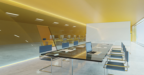 Orange wall, cement floor and glass facade lighting design modern conference meeting room with empty whiteboard  . 3d rendering and mixed media .