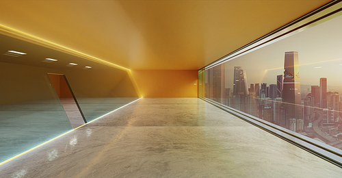 Modern interior view of orange led lighting luminaries loop glass wall facade with panoramic windows and city view. 3d rendering and mixed media .