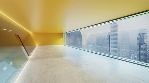 Modern interior view of orange led lighting luminaries loop glass wall facade with panoramic windows and city view. 3d rendering and mixed media .