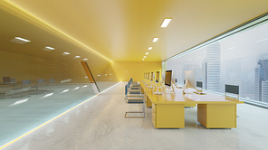 Orange wall, cement floor and glass facade lighting design modern office interior with furniture, computers, panoramic windows and city view . 3d rendering and mixed media .