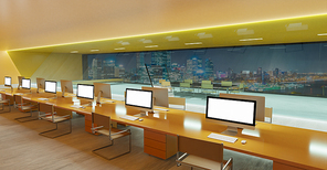 Modern office interior with furniture, computers, panoramic windows and city view . 3d rendering