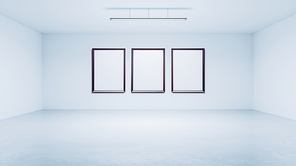 3D rendering empty rendering picture frame with minimalist and modern design studio room space background, high key lighting .