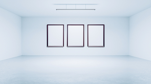 3D rendering empty rendering picture frame with minimalist and modern design studio room space background, high key lighting .