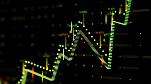 Close up of financial business chart with diagrams and stock numbers showing  uptrend and downtrend .