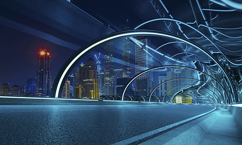 Futuristic neon light and glass facade design of tunnel flyover road with night cityscape background . Mixed media .