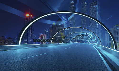 Futuristic neon light and glass facade design of tunnel flyover road with night cityscape background . Mixed media .