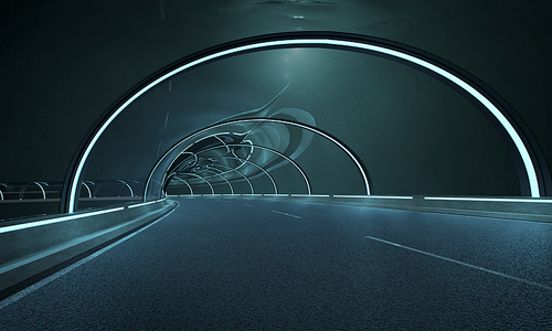 Futuristic neon light and glass facade design of underwater tunnel ，3D rendering .