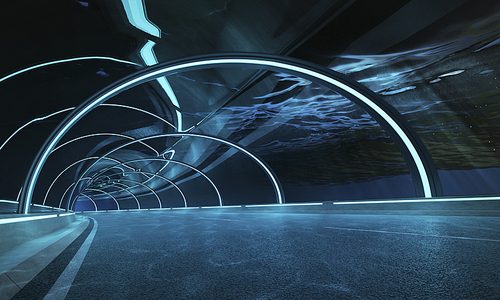 Futuristic neon light and glass facade design of underwater tunnel ，3D rendering .