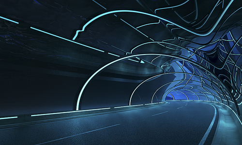Futuristic neon light and glass facade design of underwater tunnel ,3D rendering .