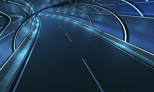 Futuristic neon light and glass facade design of tunnel road . 3D rendering .