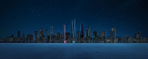 Panoramic view of empty concrete tiles floor with city skyline. Night scene. 3d rendering
