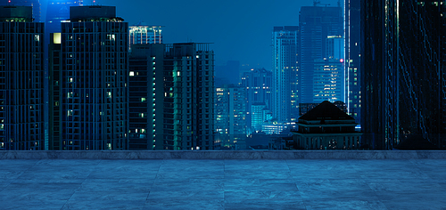 Panoramic view of empty concrete floor of rooftop with city skyline, Night scene