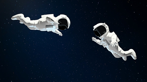 Two floating Astronaut helping each other in outer space . 3D rendering.
