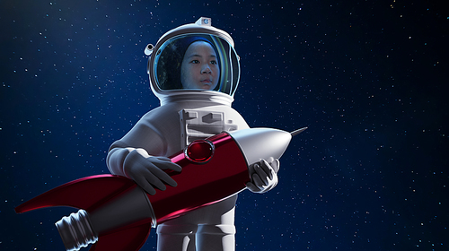 Adorable little cute girl Astronaut holding his spaceship, conceptual of the dream of great exploration.