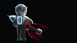 Astronaut holding his spaceship, rear angle view, conceptual illustration of the dream of great exploration. 3D rendering. Clipping path include.