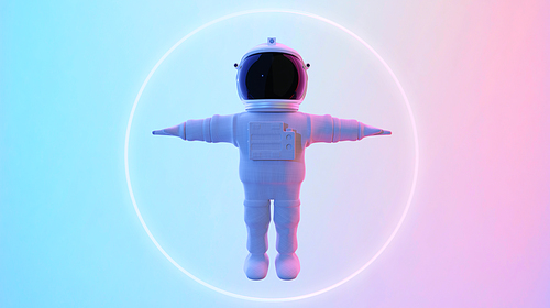 Astronaut standing in psychedelic color lighting. Abstract science fiction and astronomy surreal background. 3D rendering. Clipping path include.