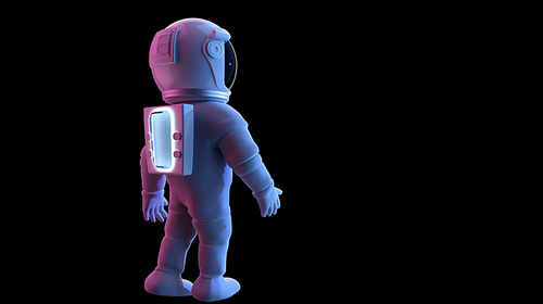 Astronaut rear angle view,  Isolated on black background with clipping path. Romantic light. 3D rendering.